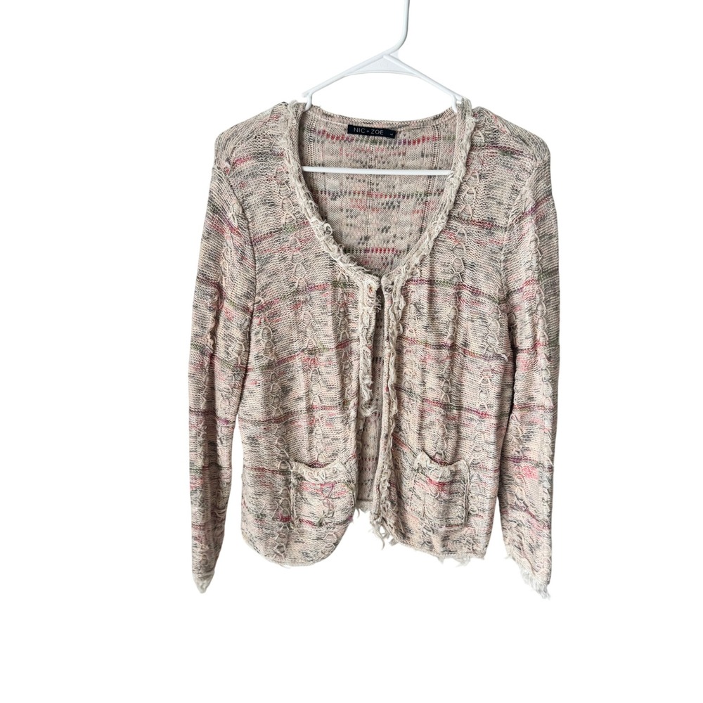 Nic + Zoe Women Multicolor Linen Blend Distressed Frayed Open Front Cardigan L